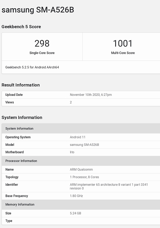 Điểm chuẩn ấn tượng của Samsung Galaxy A52 5G trên Geekbench - Ảnh 1. Điểm chuẩn ấn tượng của Samsung Galaxy A52 5G trên Geekbench - Ảnh 1.