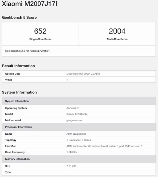 Lộ thông tin Xiaomi Mi 10i trên Geekbench với chip Snapdragon 750G, bộ nhớ RAM 8GB - Ảnh 1. Lộ thông tin Xiaomi Mi 10i trên Geekbench với chip Snapdragon 750G, bộ nhớ RAM 8GB - Ảnh 1.