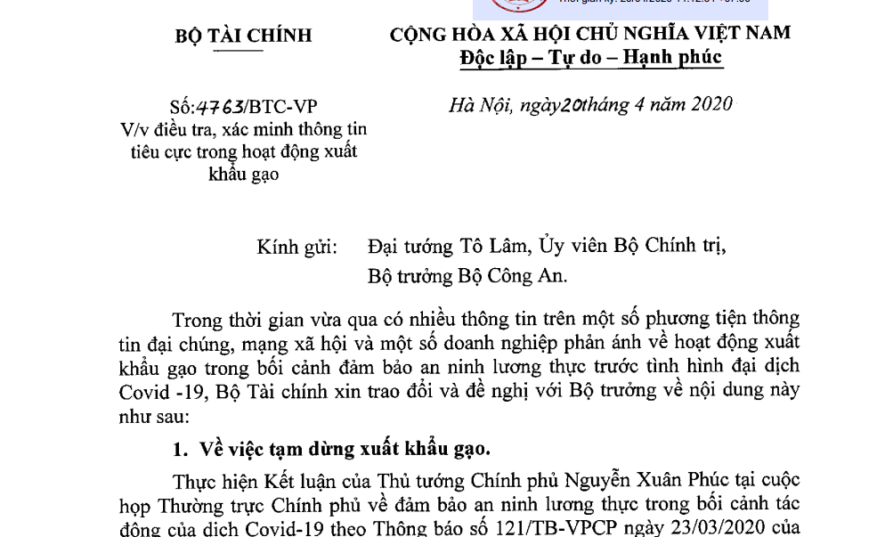 Bộ Tài chính 'nhờ' Bộ Công an xác minh tiêu cực trong xuất khẩu gạo - Ảnh 2. Bộ Tài chính 'nhờ' Bộ Công an xác minh tiêu cực trong xuất khẩu gạo - Ảnh 2.