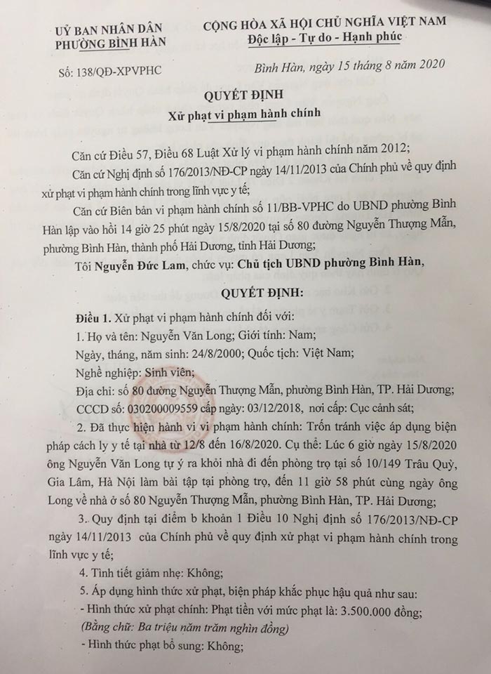 Quyết định xử phạt nam sinh viên của UBND phường Bình Hàn, Hải Dương. Quyết định xử phạt nam sinh viên của UBND phường Bình Hàn, Hải Dương.