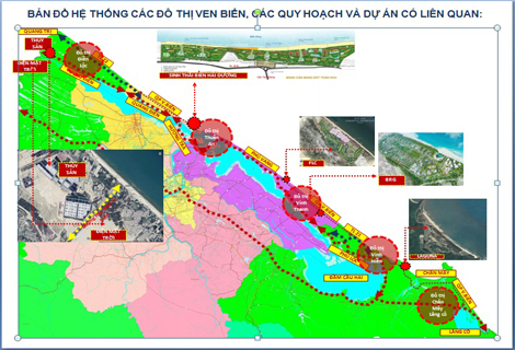 Bản đồ hệ thống các đô thị ven biển, các qui hoạch và dự án có liên quan. (Ảnh: Cổng TTĐT Thừa Thiên - Huế). Bản đồ hệ thống các đô thị ven biển, các qui hoạch và dự án có liên quan. (Ảnh: Cổng TTĐT Thừa Thiên - Huế).