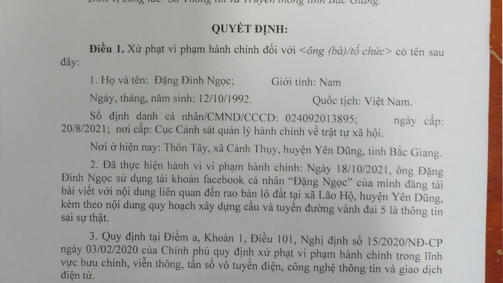 Bắc Giang: Xử phạt 2 cá nhân rao bán đất sai sự thật trên mạng xã hội - Ảnh 1. Bắc Giang: Xử phạt 2 cá nhân rao bán đất sai sự thật trên mạng xã hội - Ảnh 1.