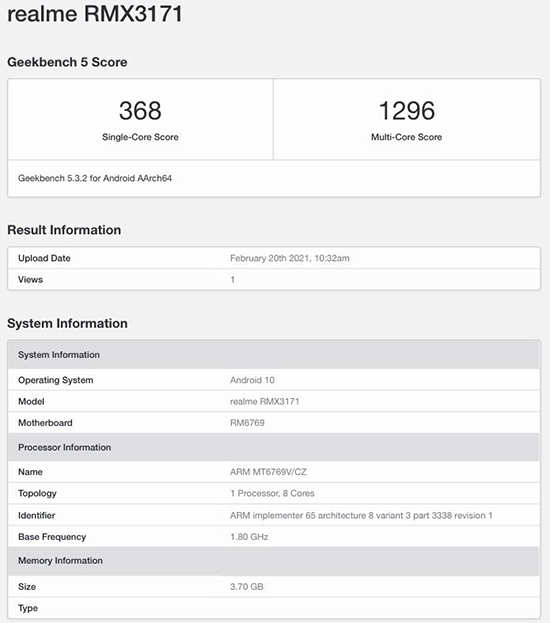 Realme Narzo 30A lộ thông tin trên Geekbench với chipset Helio G85 - Ảnh 1.