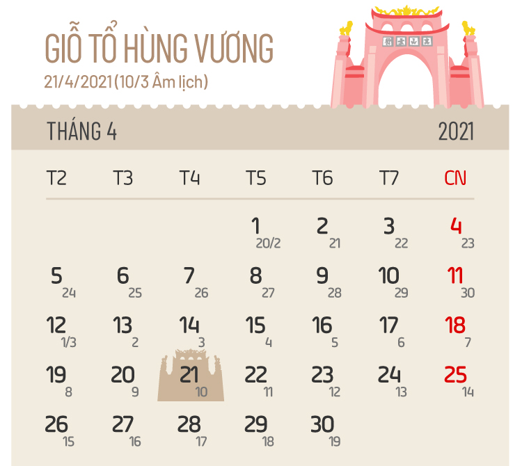 Giỗ tổ Hùng Vương ngày mấy? Lịch nghỉ lễ Giỗ tổ Hùng Vương và 30/4 - 1/5 năm 2021 - Ảnh 2. Giỗ tổ Hùng Vương ngày mấy? Lịch nghỉ lễ Giỗ tổ Hùng Vương và 30/4 - 1/5 năm 2021 - Ảnh 2.