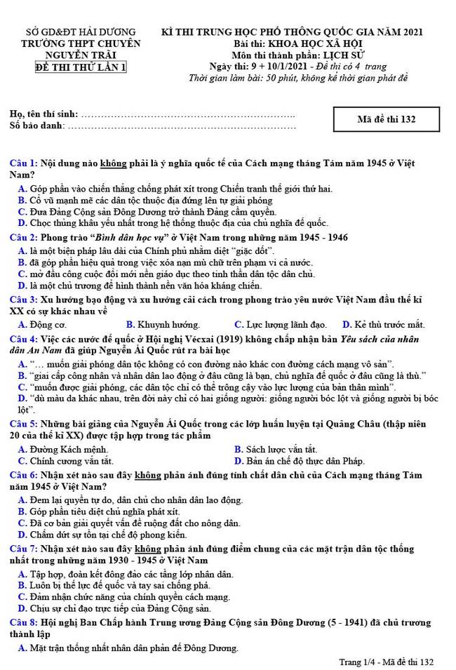 Đề thi thử THPT quốc gia 2021 môn Lịch sử THPT chuyên Nguyễn Trãi lần 1 (có đáp án) - Ảnh 1. Đề thi thử THPT quốc gia 2021 môn Lịch sử THPT chuyên Nguyễn Trãi lần 1 (có đáp án) - Ảnh 1.