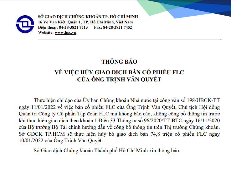 HOSE hủy giao dịch bán cổ phiếu của ông Trịnh Văn Quyết - Ảnh 1. HOSE hủy giao dịch bán cổ phiếu của ông Trịnh Văn Quyết - Ảnh 1.