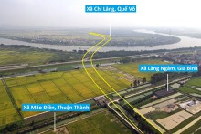 Toàn cảnh vị trí quy hoạch xây cầu vượt sông Đuống trên tuyến đường vành đai 4, nối huyện Quế Võ, Thuận Thành và Gia Bình, Bắc Ninh
