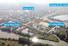 Toàn cảnh vị trí quy hoạch xây cầu vượt sông Đạm Thủy nối xã Việt Dân - phường Hồng Phong, thị xã Đông Triều, Quảng Ninh