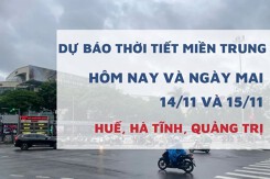 Dự báo thời tiết miền Trung hôm nay (14/11) và ngày mai (15/11) Huế mưa rải rác, Hà Tĩnh và Quảng Trị nắng nhẹ, không khí dễ chịu