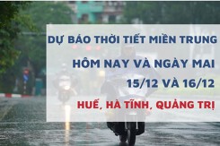 Dự báo thời tiết miền Trung hôm nay (15/12) và ngày mai (16/12) Huế mưa rải rác, Quảng Trị mưa tăng về đêm, Hà Tĩnh nhiều mây khô ráo hơn
