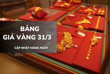Bảng giá vàng hôm nay 31/3: Vàng SJC, nhẫn trơn và nữ trang 24K tăng mạnh, có nơi thêm 1,5 triệu đồng/lượng