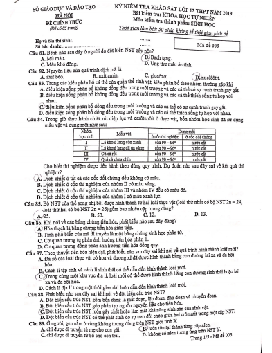 Đề thi khảo sát lớp 12 môn Sinh học tại Hà Nội năm 2019 - Ảnh 1. Đề thi khảo sát lớp 12 môn Sinh học tại Hà Nội năm 2019 - Ảnh 1.