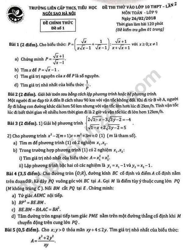 Đề thi thử vào lớp 10 môn Toán năm 2019 Trường liên cấp Tiểu học THCS Ngôi sao Hà Nội lần 2 - Ảnh 1.