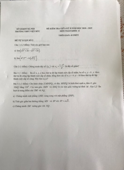 Đề thi giữa học kì 2 lớp 11 THPT Việt Đức năm 2019 - Ảnh 1. Đề thi giữa học kì 2 lớp 11 THPT Việt Đức năm 2019 - Ảnh 1.