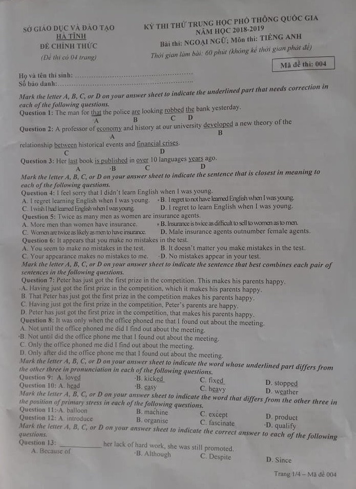Đề thi thử THPT quốc gia 2019 môn tiếng Anh Sở GD&ĐT Hà Tĩnh - Ảnh 1.