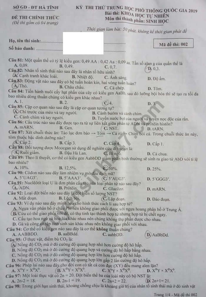 Đề thi thử THPT quốc gia 2019 môn Sinh học Sở GD&ĐT Hà Tĩnh - Ảnh 1.