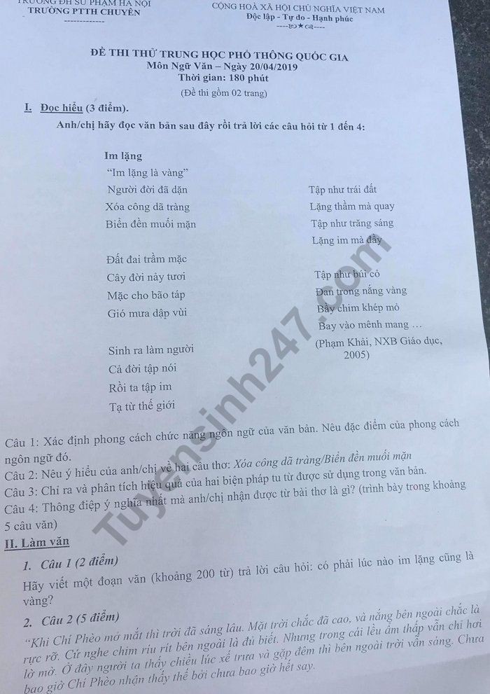 Đề thi thử THPT quốc gia 2019 môn Ngữ văn THPT chuyên ĐH Sư phạm Hà Nội có đáp án - Ảnh 1. Đề thi thử THPT quốc gia 2019 môn Ngữ văn THPT chuyên ĐH Sư phạm Hà Nội có đáp án - Ảnh 1.