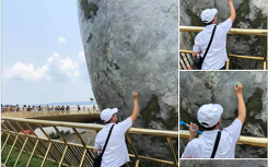 Du khách 'nổi' nhất hôm nay: Dùng bút xóa viết bậy lên cầu Vàng Đà Nẵng rồi ung dung đứng chụp ảnh kỉ niệm