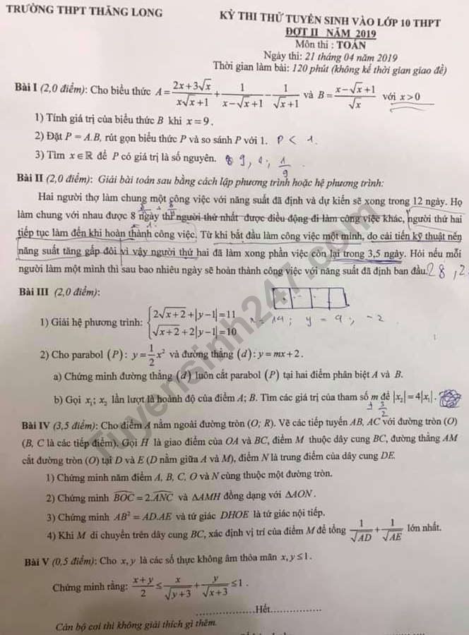 Đề thi thử vào lớp 10 môn Toán THPT Thăng Long năm 2019 lần 2 kèm đáp án - Ảnh 1. Đề thi thử vào lớp 10 môn Toán THPT Thăng Long năm 2019 lần 2 kèm đáp án - Ảnh 1.
