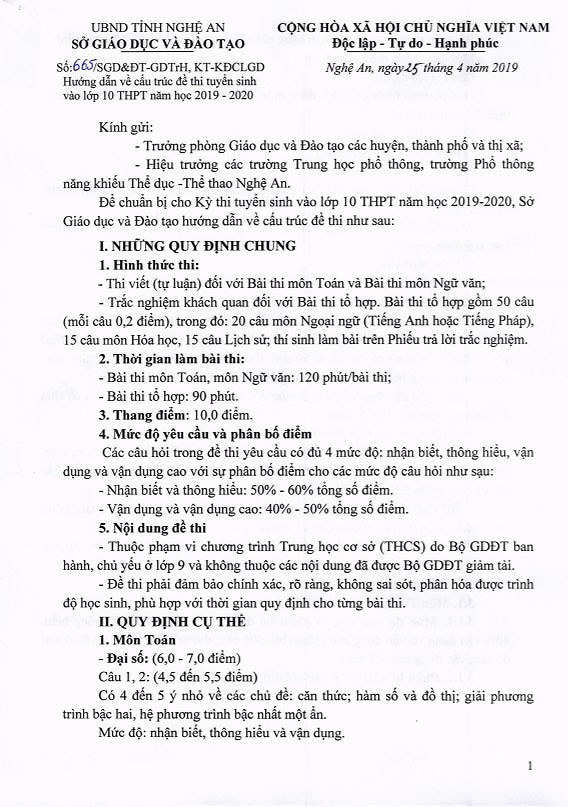 Nghệ An công bố cấu trúc đề thi tuyển sinh vào lớp 10 năm học 2019-2020 - Ảnh 1. Nghệ An công bố cấu trúc đề thi tuyển sinh vào lớp 10 năm học 2019-2020 - Ảnh 1.