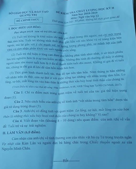 Đề thi học kì 2 lớp 12 môn Ngữ văn Sở GD&ĐT Quảng Trị năm học 2018-2019 và đáp án - Ảnh 1. Đề thi học kì 2 lớp 12 môn Ngữ văn Sở GD&ĐT Quảng Trị năm học 2018-2019 và đáp án - Ảnh 1.