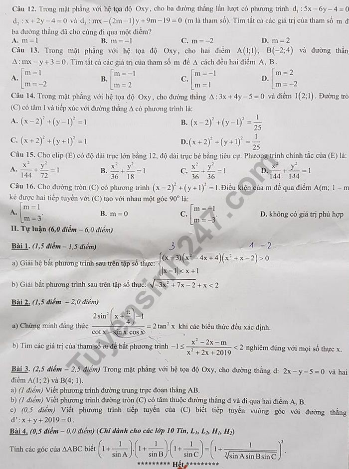 Đề thi học kì 2 lớp 10 môn Toán trường THPT chuyên Hà Nội - Amsterdam năm 2019 - Ảnh 2. Đề thi học kì 2 lớp 10 môn Toán trường THPT chuyên Hà Nội - Amsterdam năm 2019 - Ảnh 2.