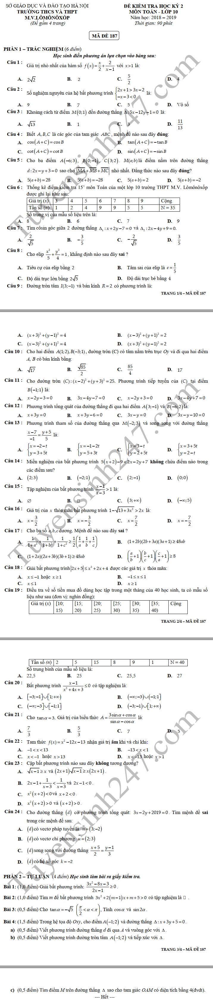 Đề thi học kì 2 lớp 10 môn Toán trường THCS-THPT M.V. Lômônôxốp năm 2019 - Ảnh 1. Đề thi học kì 2 lớp 10 môn Toán trường THCS-THPT M.V. Lômônôxốp năm 2019 - Ảnh 1.