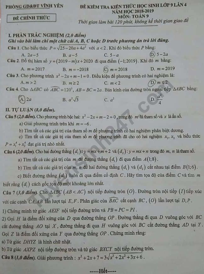 Đề thi thử vào lớp 10 môn Toán Phòng GD&ĐT Vĩnh Yên năm 2019 lần 4 - Ảnh 1.