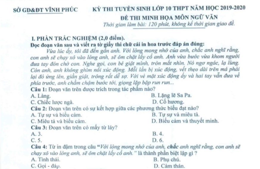 Vĩnh Phúc công bố đề thi minh họa môn Ngữ văn vào lớp 10 năm 2019 - Ảnh 1. Vĩnh Phúc công bố đề thi minh họa môn Ngữ văn vào lớp 10 năm 2019 - Ảnh 1.