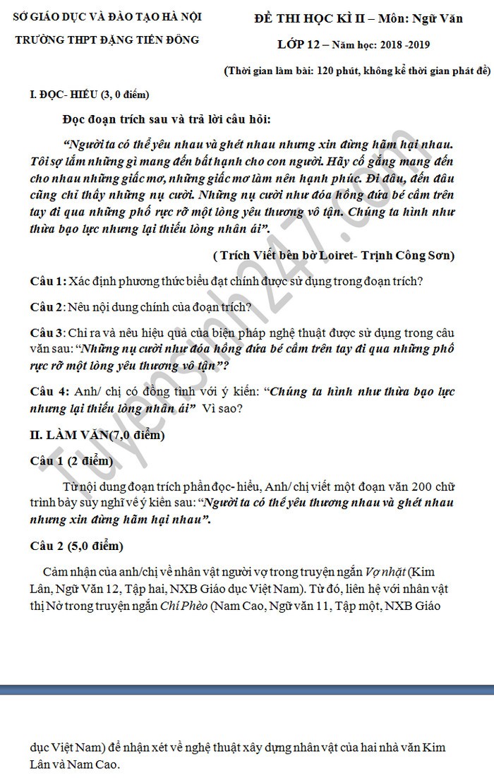 Đề thi học kì 2 lớp 12 môn Ngữ văn THPT Đặng Tiến Đông năm 2019 - Ảnh 1. Đề thi học kì 2 lớp 12 môn Ngữ văn THPT Đặng Tiến Đông năm 2019 - Ảnh 1.