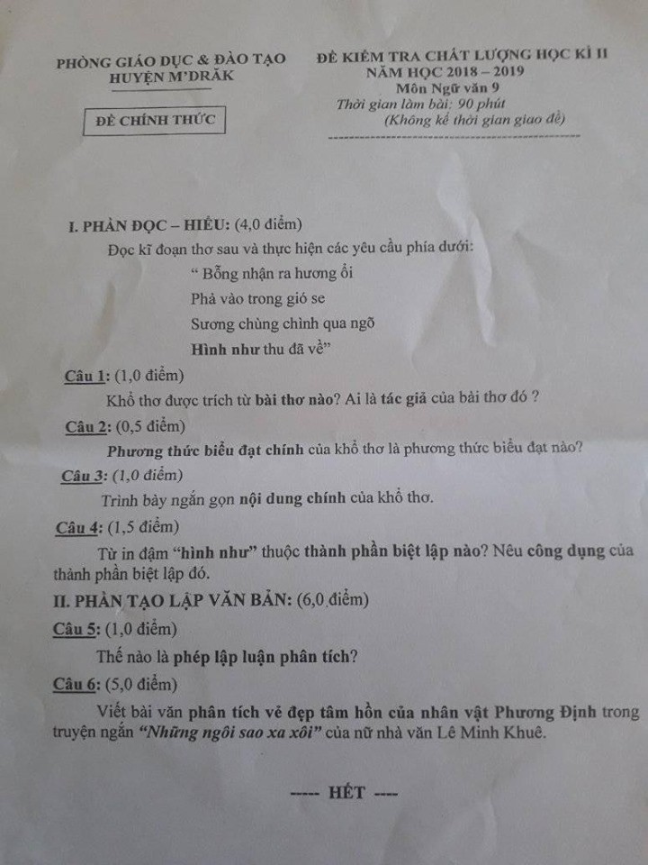 Đề thi học kì 2 lớp 9 môn Ngữ văn Phòng GD&ĐT MDRăk năm 2019 - Ảnh 1.