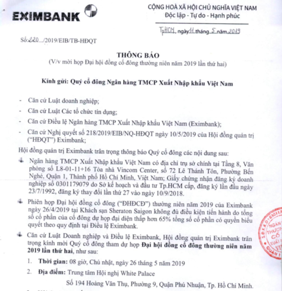 Eximbank đã chốt được lịch tổ chức đại hội lần 2 đúng một tháng sau ngày đại hội lần đầu phải dừng vì không đủ cổ đông tham dự - Ảnh 1. Eximbank đã chốt được lịch tổ chức đại hội lần 2 đúng một tháng sau ngày đại hội lần đầu phải dừng vì không đủ cổ đông tham dự - Ảnh 1.