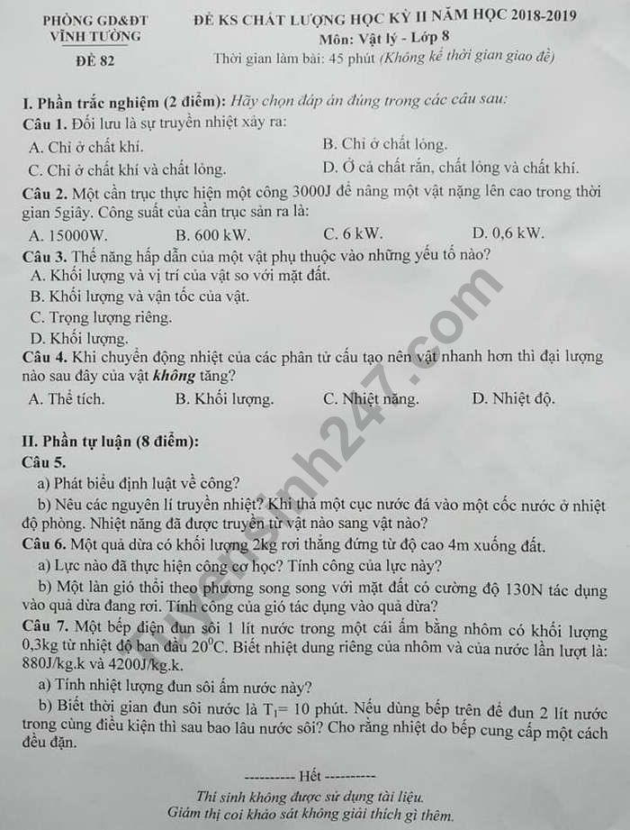 Đề thi học kì 2 lớp 8 môn Vật lí Phòng GD&ĐT Vĩnh Tường năm 2019 - Ảnh 1. Đề thi học kì 2 lớp 8 môn Vật lí Phòng GD&ĐT Vĩnh Tường năm 2019 - Ảnh 1.