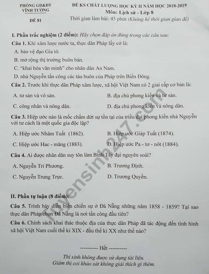 Đề thi học kì 2 lớp 8 môn Lịch sử Phòng GD&ĐT Vĩnh Tường năm 2019 - Ảnh 1. Đề thi học kì 2 lớp 8 môn Lịch sử Phòng GD&ĐT Vĩnh Tường năm 2019 - Ảnh 1.