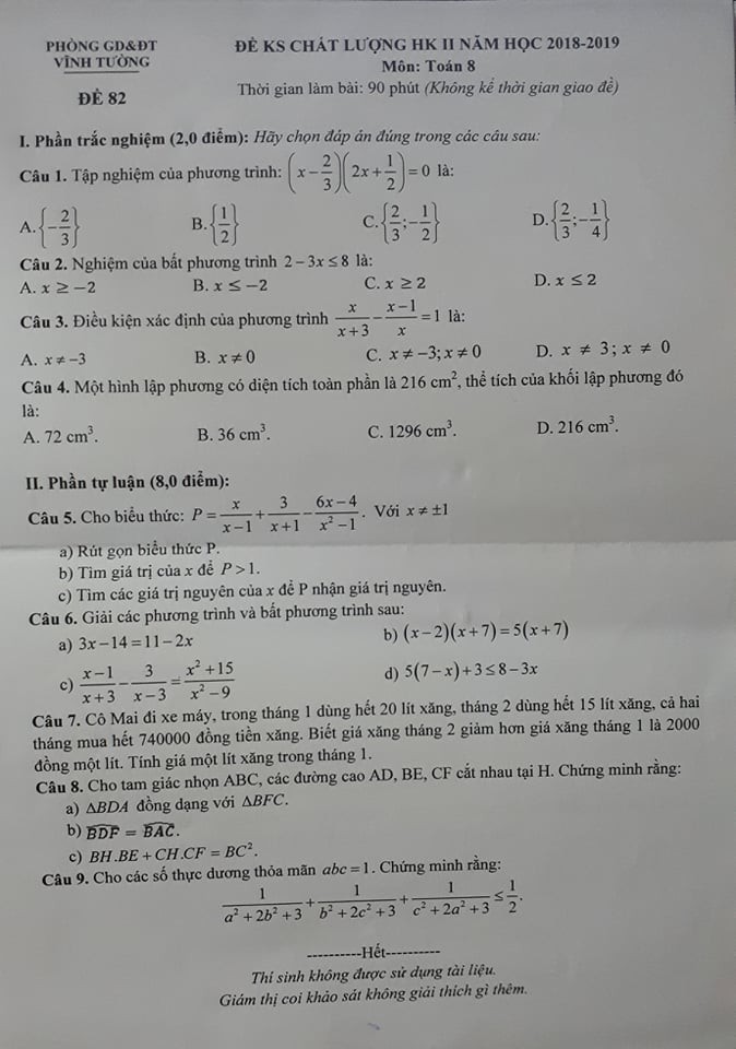 Đề thi học kì 2 lớp 8 môn Toán Phòng GD&ĐT Vĩnh Tường năm 2019 - Ảnh 1. Đề thi học kì 2 lớp 8 môn Toán Phòng GD&ĐT Vĩnh Tường năm 2019 - Ảnh 1.