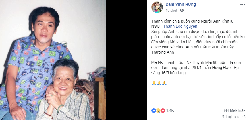 Mẹ ruột của NSƯT Thành Lộc qua đời, nhiều khán giả và đồng nghiệp gửi lời chia buồn - Ảnh 1. Mẹ ruột của NSƯT Thành Lộc qua đời, nhiều khán giả và đồng nghiệp gửi lời chia buồn - Ảnh 1.