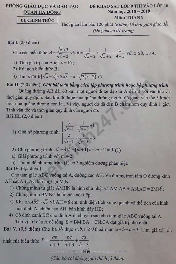 Đề thi thử vào lớp 10 môn Toán quận Hà Đông năm 2019 kèm đáp án chi tiết - Ảnh 1. Đề thi thử vào lớp 10 môn Toán quận Hà Đông năm 2019 kèm đáp án chi tiết - Ảnh 1.