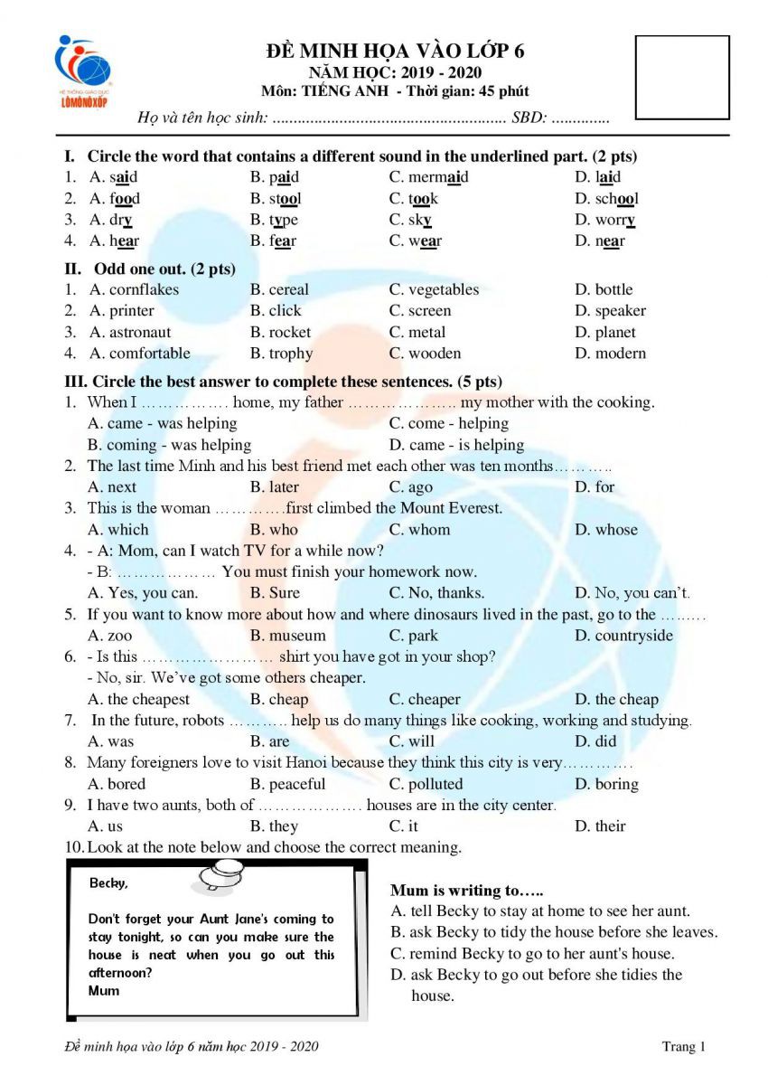 Đề minh họa kiểm tra đánh giá năng lực vào lớp 6 Trường THCS-THPT Lômônôxốp năm 2019 - Ảnh 9. Đề minh họa kiểm tra đánh giá năng lực vào lớp 6 Trường THCS-THPT Lômônôxốp năm 2019 - Ảnh 9.