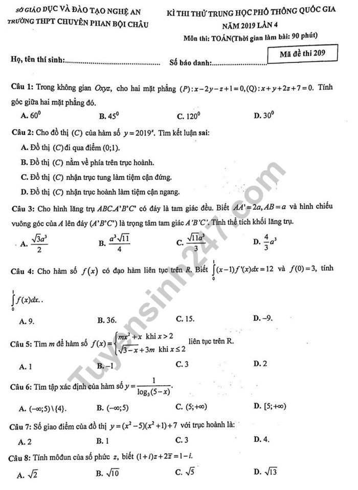 Đề thi thử THPT quốc gia 2019 môn Toán THPT chuyên Phan Bội Châu lần 4 - Ảnh 1.