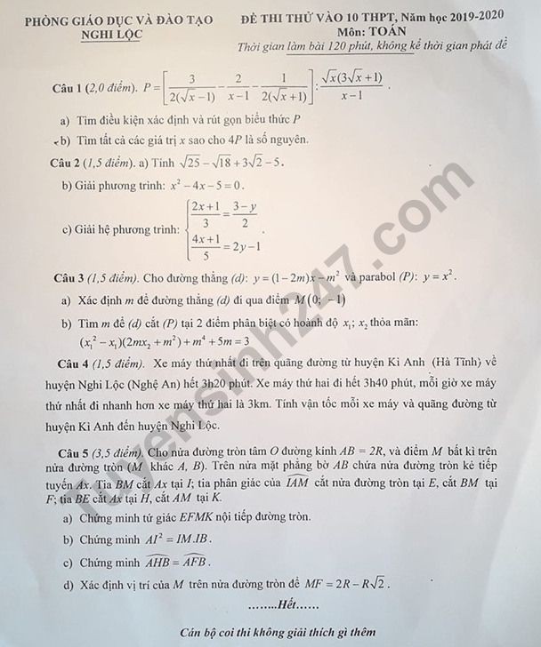 Đáp án chi tiết đề thi thử vào lớp 10 môn Toán Phòng GD&ĐT Nghi Lộc năm 2019 - Ảnh 1.