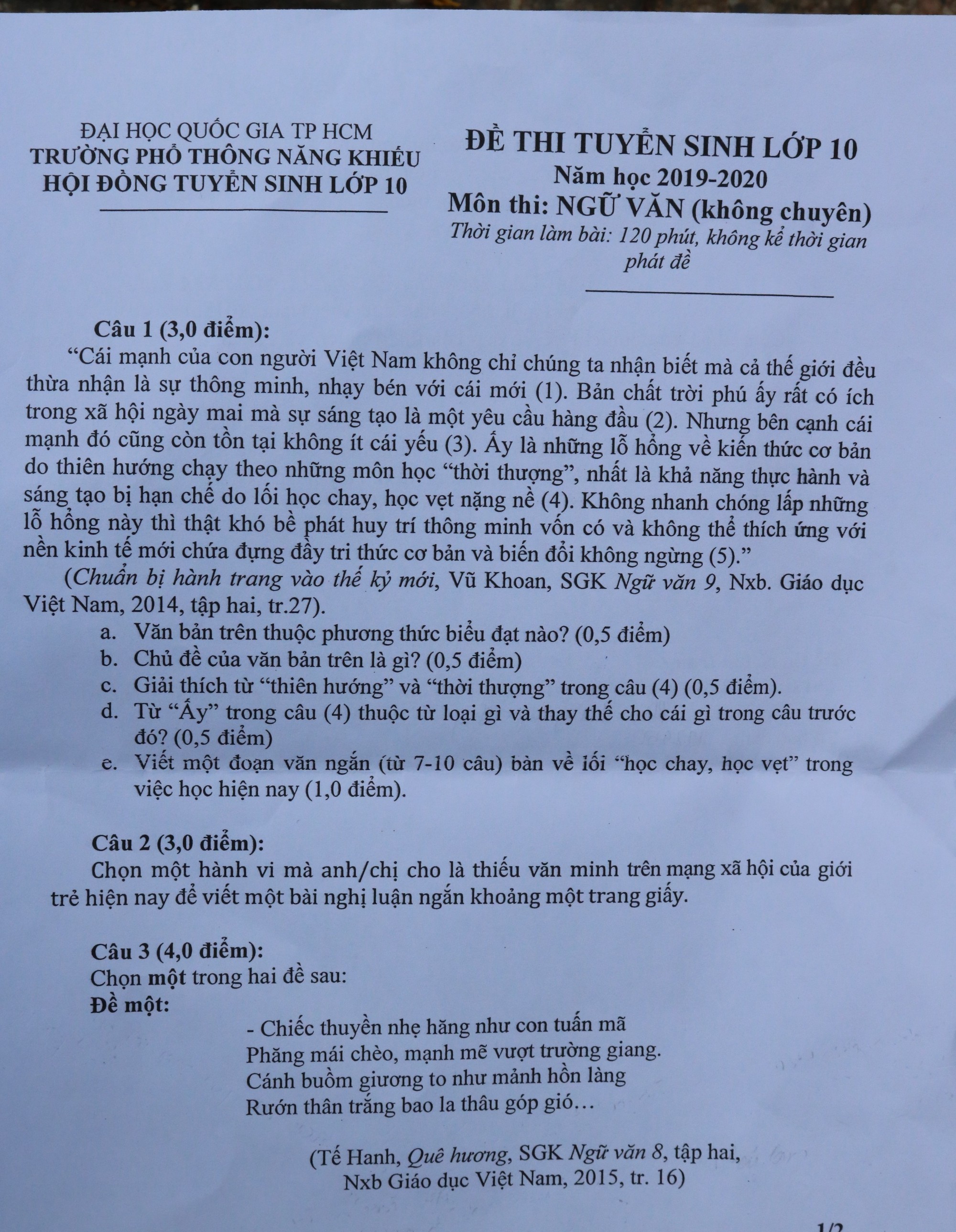 Gợi ý đáp án chi tiết đề thi vào lớp 10 môn Ngữ văn Trường Phổ thông Năng khiếu - Ảnh 1. Gợi ý đáp án chi tiết đề thi vào lớp 10 môn Ngữ văn Trường Phổ thông Năng khiếu - Ảnh 1.