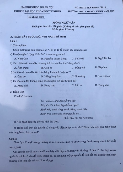 Đề thi vào lớp 10 môn Ngữ văn THPT chuyên Khoa học tự nhiên năm 2019  - Ảnh 1.