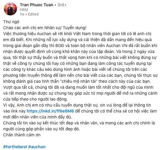 Hành động đẹp: Sát ngày rời khỏi Việt Nam, Auchan tất bật tìm kiếm công việc mới cho nhân viên cũ - Ảnh 1. Hành động đẹp: Sát ngày rời khỏi Việt Nam, Auchan tất bật tìm kiếm công việc mới cho nhân viên cũ - Ảnh 1.