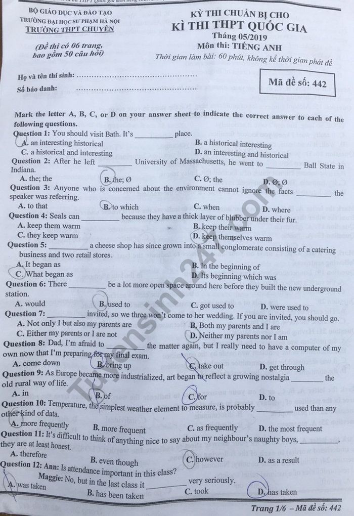 Đáp án đề thi thử THPT quốc gia 2019 môn Tiếng Anh THPT chuyên ĐH Sư phạm Hà Nội - Ảnh 1. Đáp án đề thi thử THPT quốc gia 2019 môn Tiếng Anh THPT chuyên ĐH Sư phạm Hà Nội - Ảnh 1.