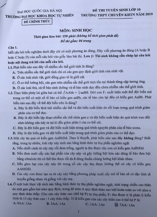Đề thi vào lớp 10 môn Sinh học THPT chuyên Khoa học Tự nhiên năm 2019 - Ảnh 1.