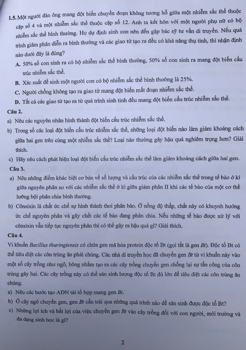 Đề thi vào lớp 10 môn Sinh học THPT chuyên Khoa học Tự nhiên năm 2019 - Ảnh 2.