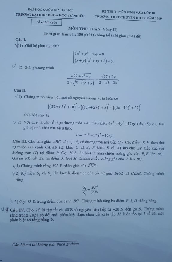 Đề thi vào lớp 10 môn Toán vòng 2 Trường THPT chuyên Khoa học Tự nhiên năm 2019 - Ảnh 1. Đề thi vào lớp 10 môn Toán vòng 2 Trường THPT chuyên Khoa học Tự nhiên năm 2019 - Ảnh 1.