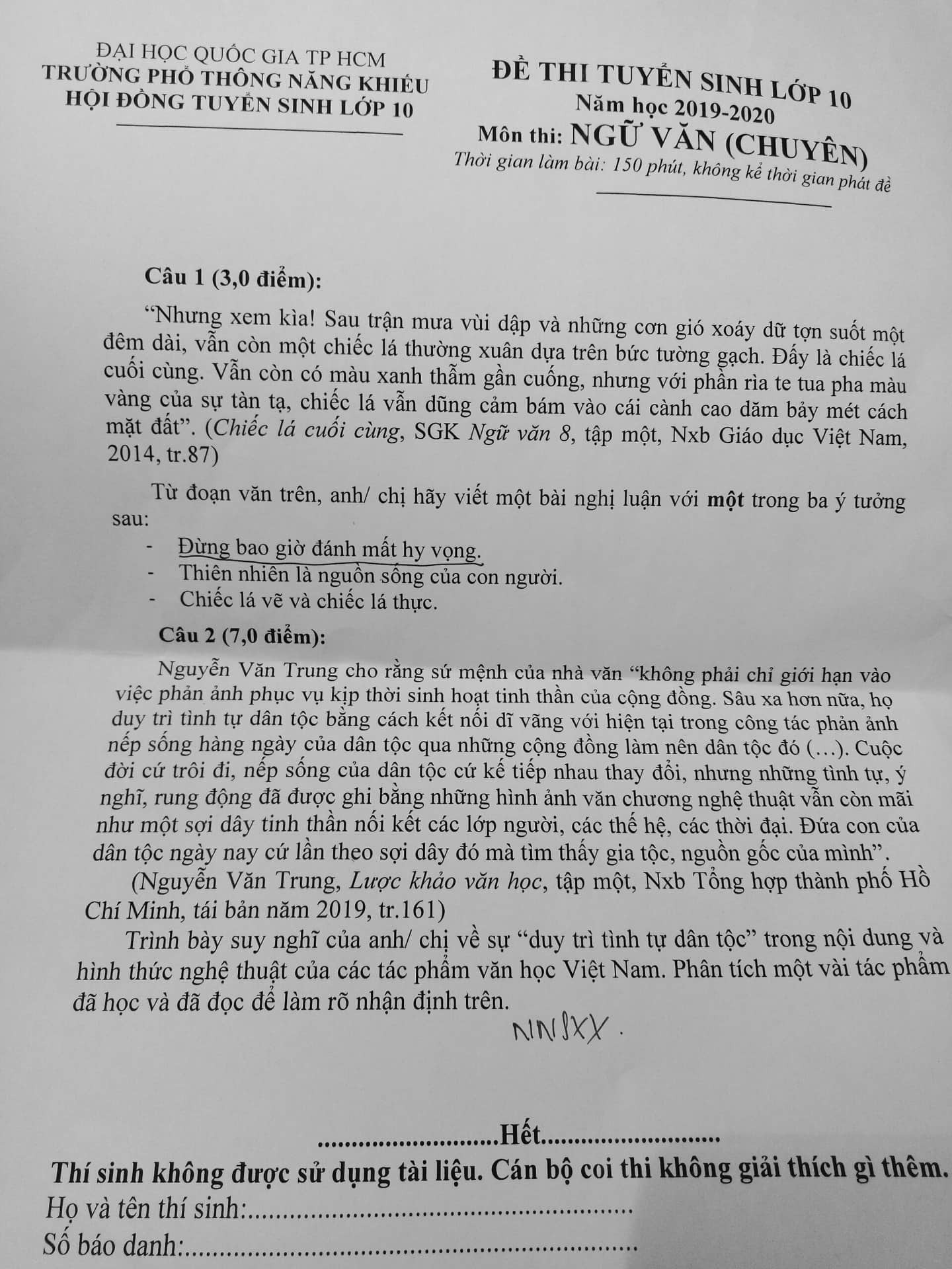 Đề thi môn Ngữ văn chuyên vào lớp 10 Trường Phổ thông Năng khiếu - Ảnh 1. Đề thi môn Ngữ văn chuyên vào lớp 10 Trường Phổ thông Năng khiếu - Ảnh 1.