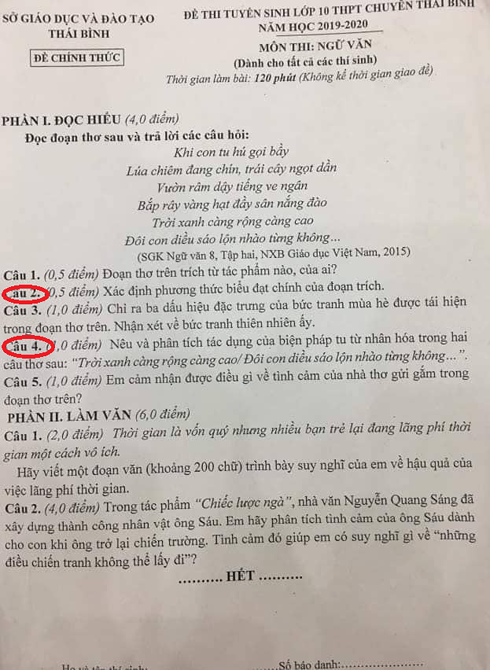 Đề thi tuyển sinh vào lớp 10 môn Văn tại THPT Chuyên Thái Bình bị tố có sai sót? - Ảnh 1. Đề thi tuyển sinh vào lớp 10 môn Văn tại THPT Chuyên Thái Bình bị tố có sai sót? - Ảnh 1.