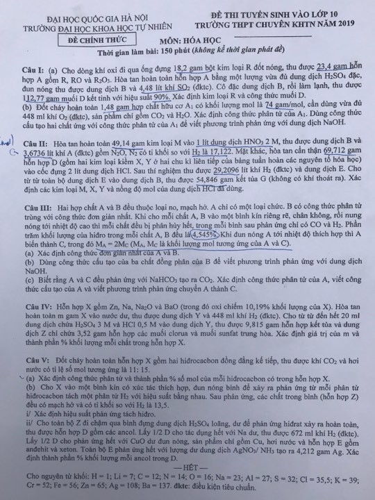 Giải chi tiết đề Hóa học thi vào lớp 10 trường THPT chuyên Khoa học Tự nhiên năm 2019 - Ảnh 1. Giải chi tiết đề Hóa học thi vào lớp 10 trường THPT chuyên Khoa học Tự nhiên năm 2019 - Ảnh 1.